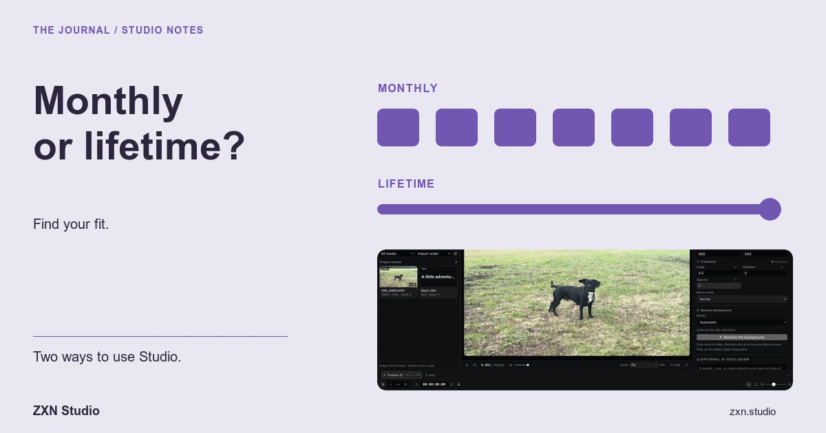 ZXN Studio's video editor presented on the monthly versus lifetime plan journal cover.