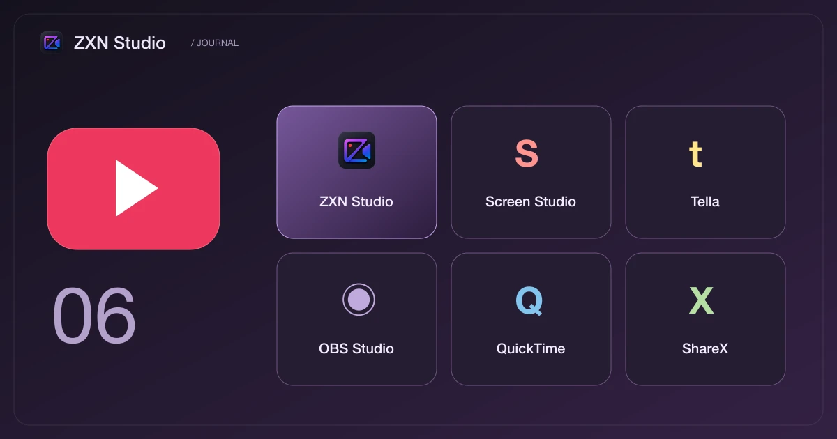 Six recorder tiles around a red play symbol, with the ZXN Studio icon highlighted against a dark violet background.