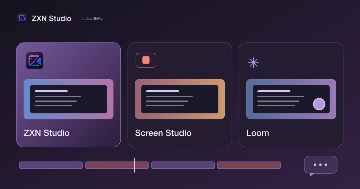 ZXN Studio, Screen Studio and Loom video cards arranged above an editing timeline and a conversation bubble.