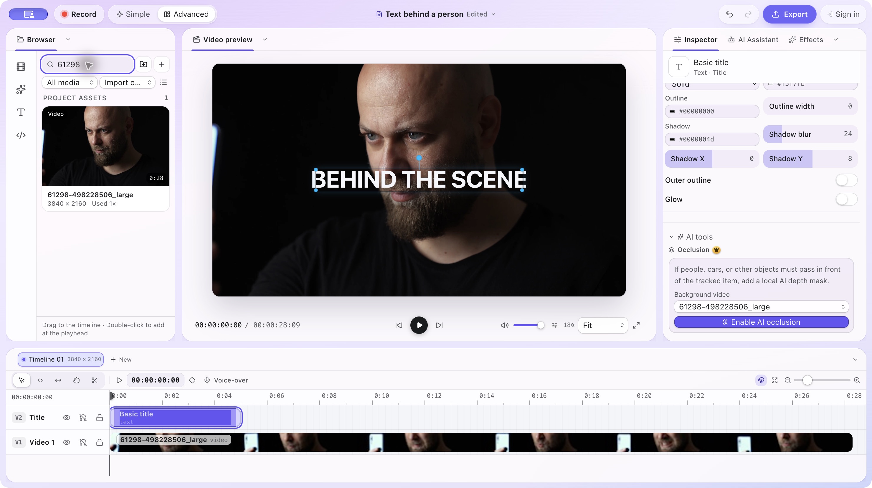 Basic title crossing the presenter’s face, with the lower video track and Enable AI occlusion control visible in ZXN Studio
