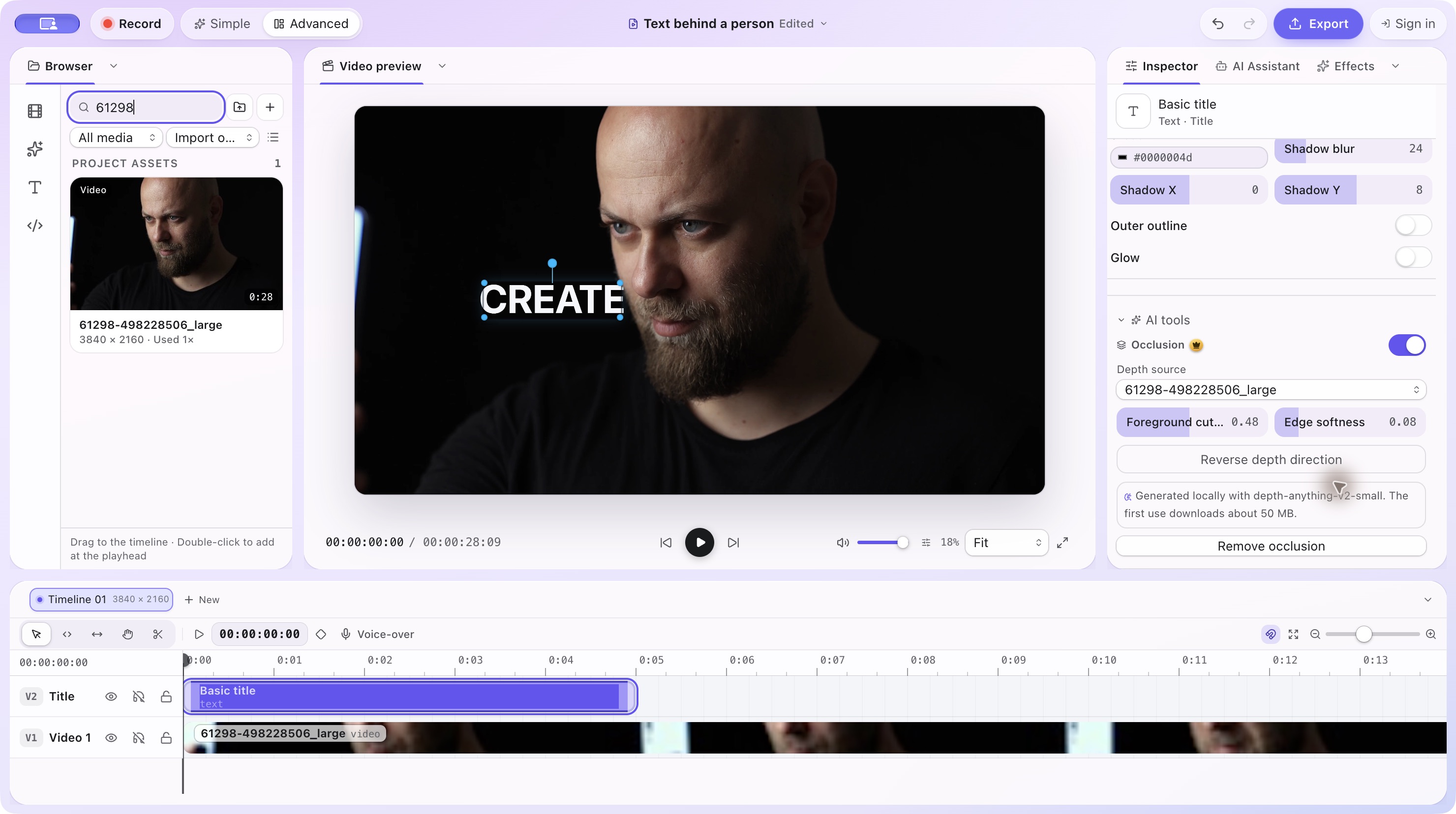 Manually enabled occlusion hiding the title behind the presenter, with Depth source, Foreground cutoff and Edge softness visible