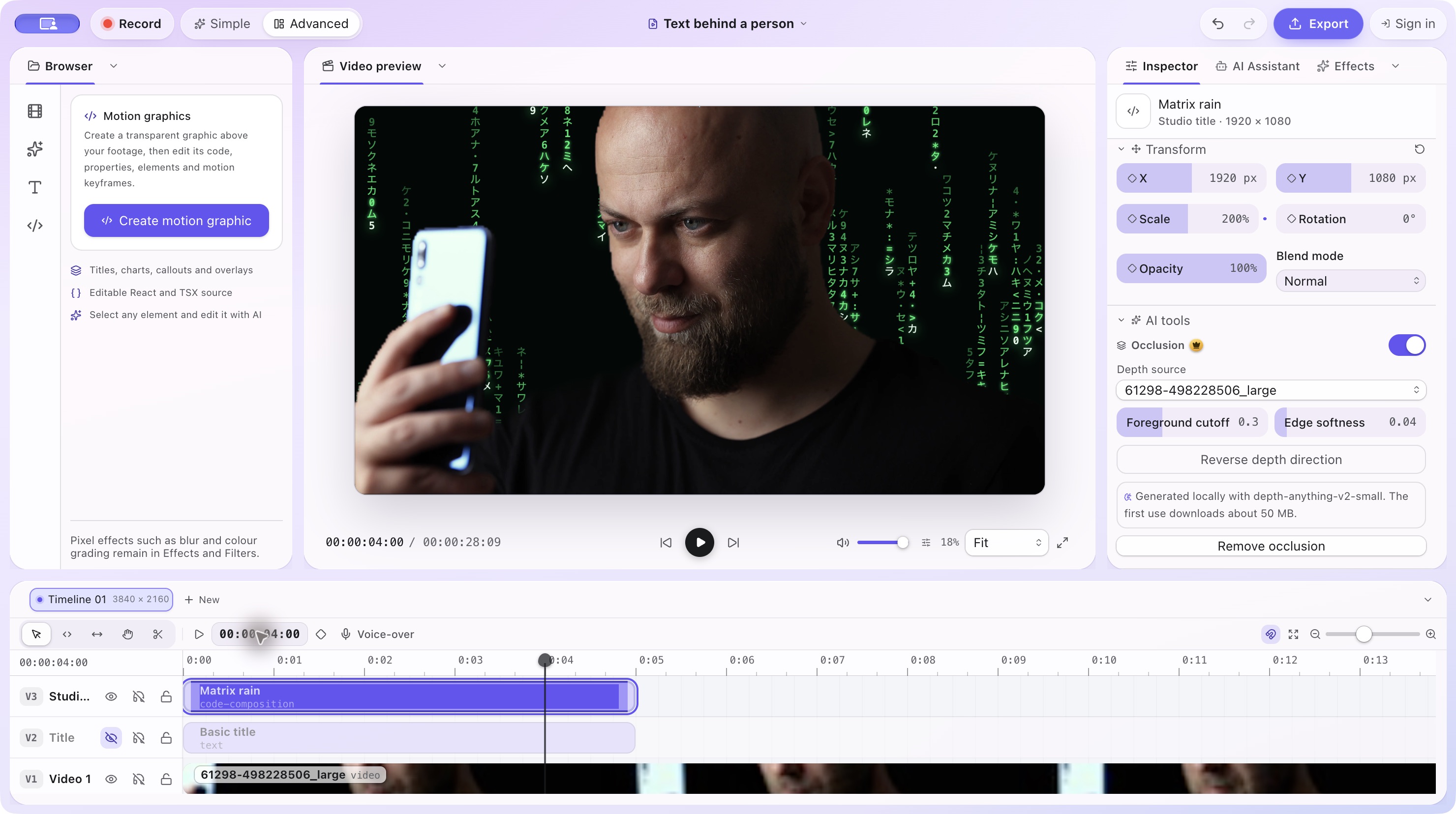 Editable Matrix rain graphic behind the presenter, hand and phone, with its separate timeline layer and manual occlusion settings visible