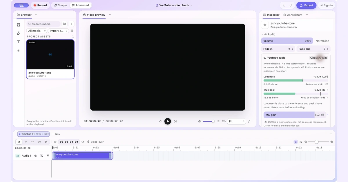 ZXN Studio YouTube audio check showing -14.0 LUFS and available true-peak headroom after a mix gain adjustment.