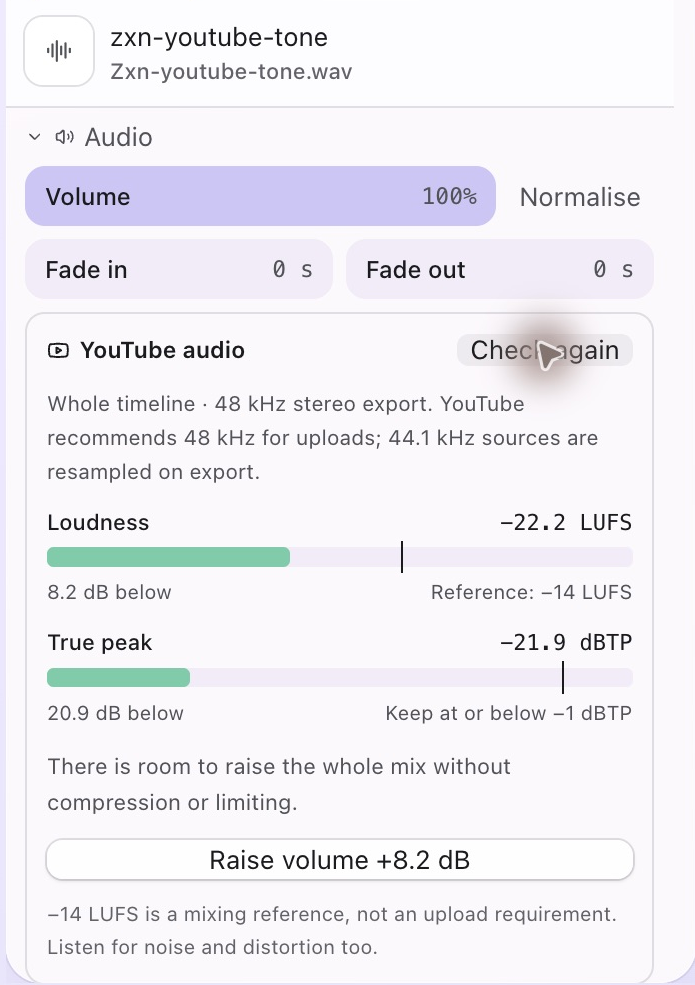 ZXN Studio YouTube audio check showing -22.2 LUFS, -21.9 dBTP and an available 8.2 dB volume increase