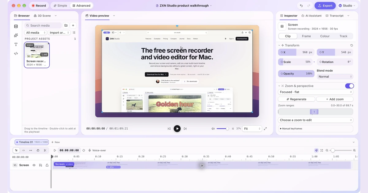 ZXN Studio Advanced editor with a real Safari recording of zxn.studio