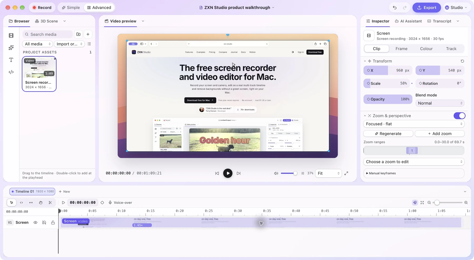 The same Safari recording in ZXN Studio Advanced mode, with media browser and inspector