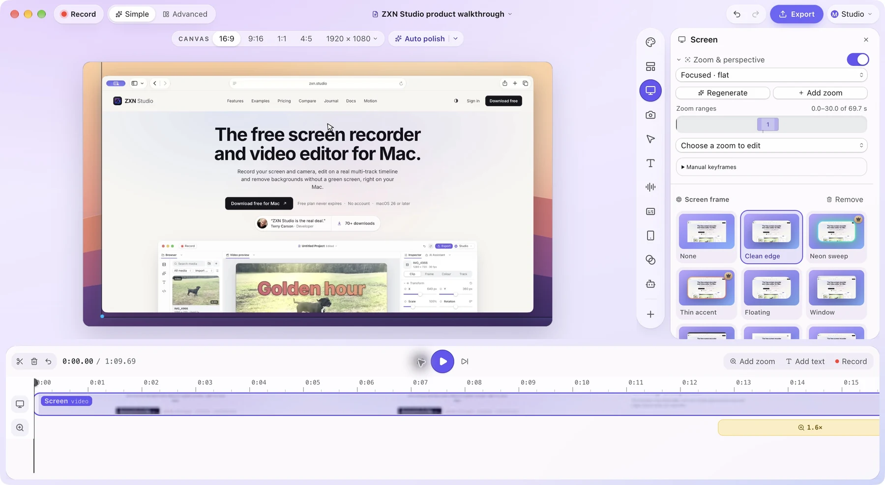 Auto zoom enabled in the Screen card, with a generated focus range on the timeline