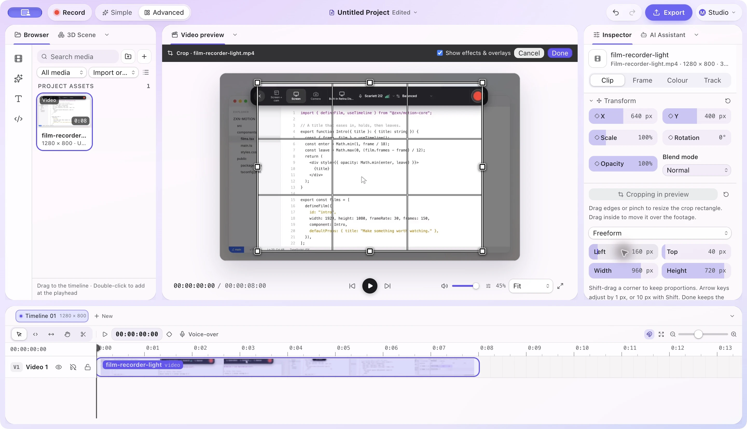 ZXN Studio med en ægte beskæringssession: et udsnit på 960 gange 720 pixel med Left 160 og Top 40 oven på en demooptagelse på 1280 gange 800 pixel.