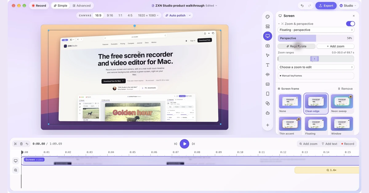 A fullscreen Safari recording with Floating perspective in ZXN Studio