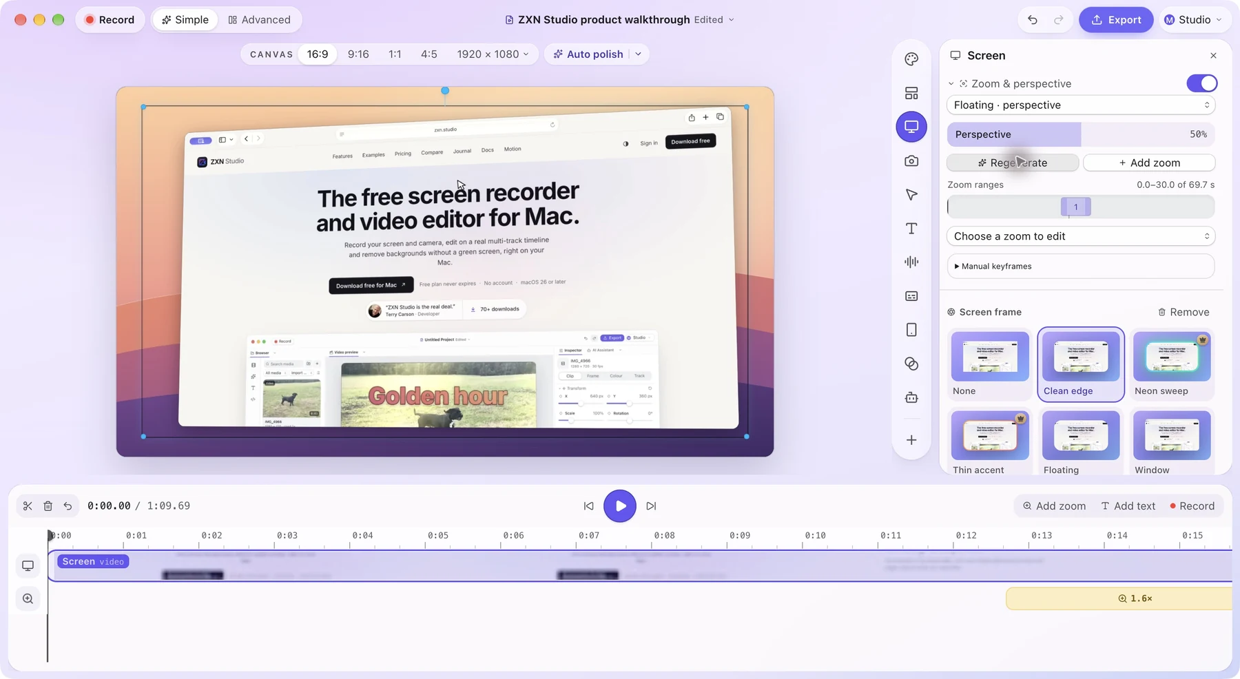 A fullscreen Safari recording with Floating perspective in ZXN Studio