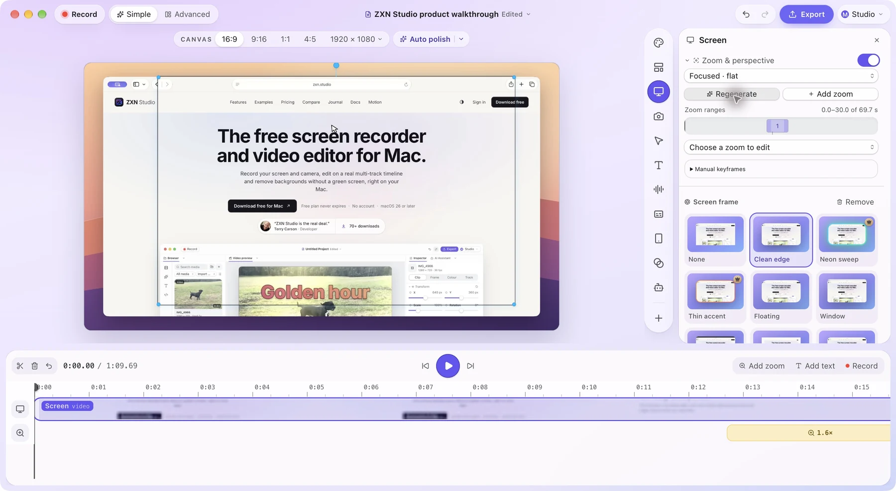 ZXN Studio Simple mode: prominent preview, a Screen card and a slim timeline