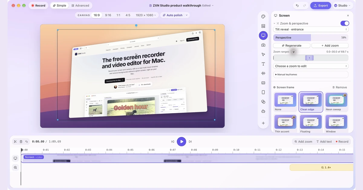A fullscreen Safari recording with the Tilt reveal entrance in ZXN Studio