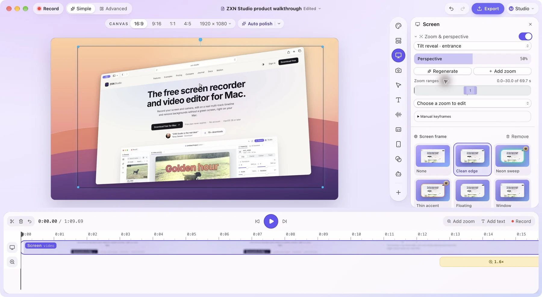 A fullscreen Safari recording with the Tilt reveal entrance in ZXN Studio