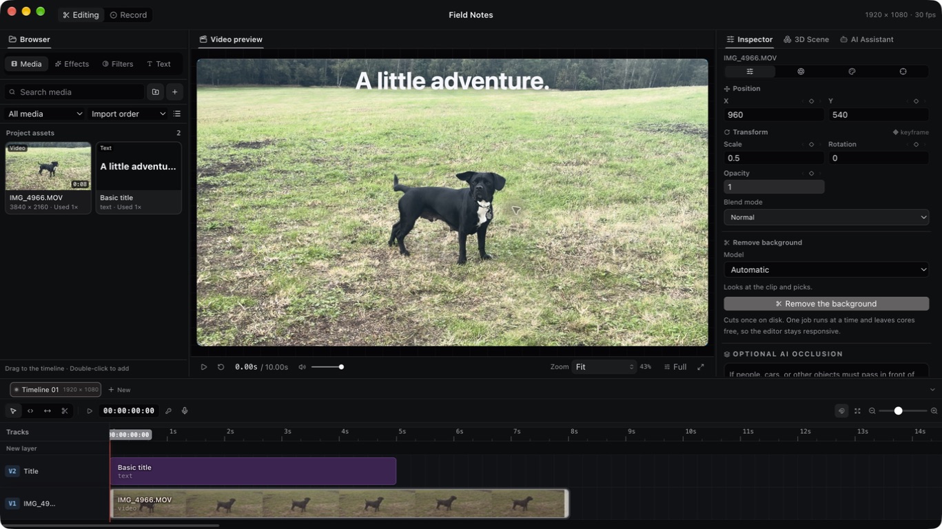 The ZXN Studio editor with a real project open: media browser, video preview, inspector and a two-layer timeline.