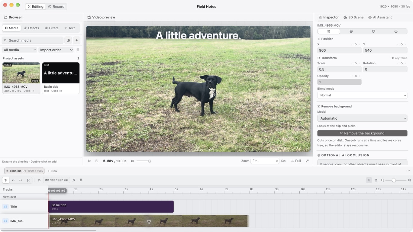 The ZXN Studio editor with a real project open: media browser, video preview, inspector and a two-layer timeline.