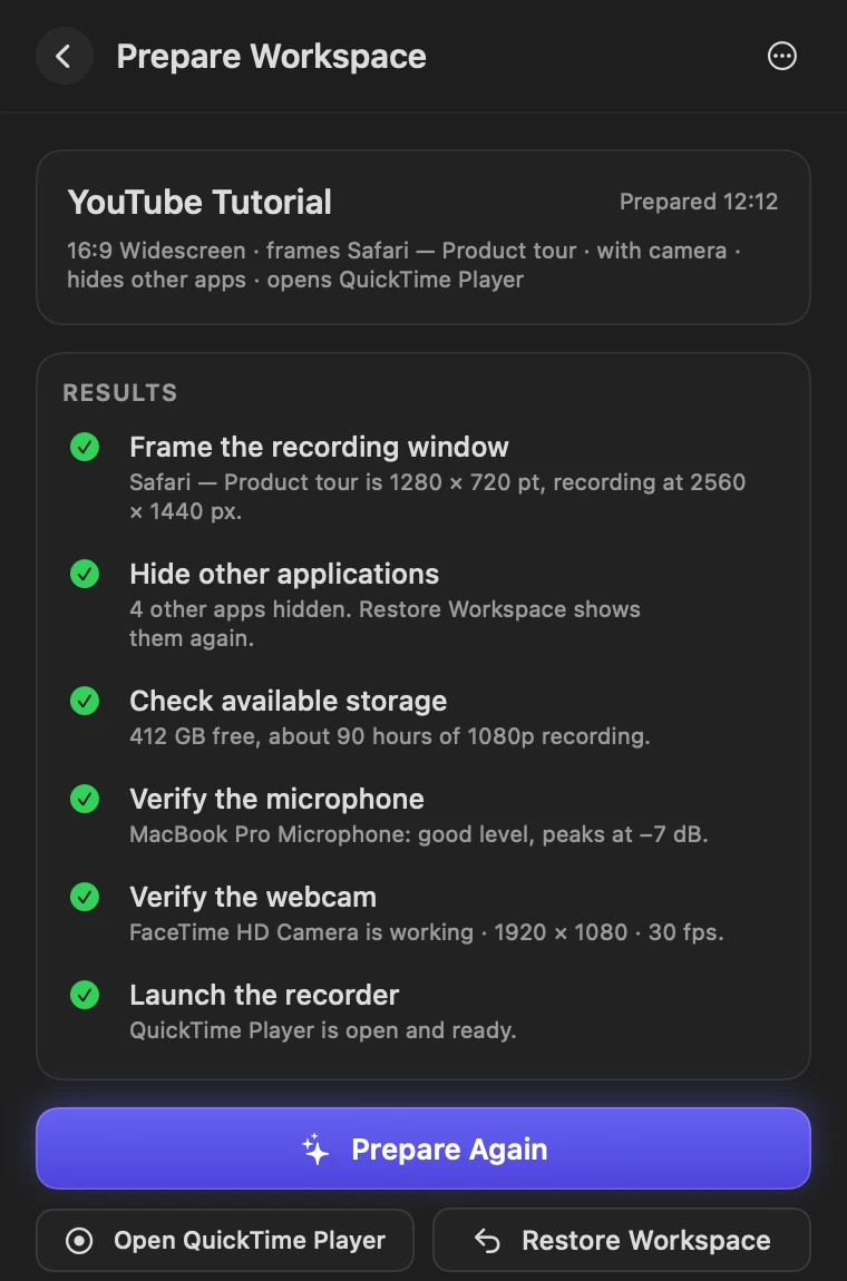 Prepare Workspace results in ZXN Prep: window framed, other apps hidden, storage, microphone and webcam checked, recorder opened.