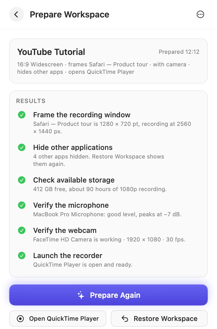 Prepare Workspace results in ZXN Prep: window framed, other apps hidden, storage, microphone and webcam checked, recorder opened.